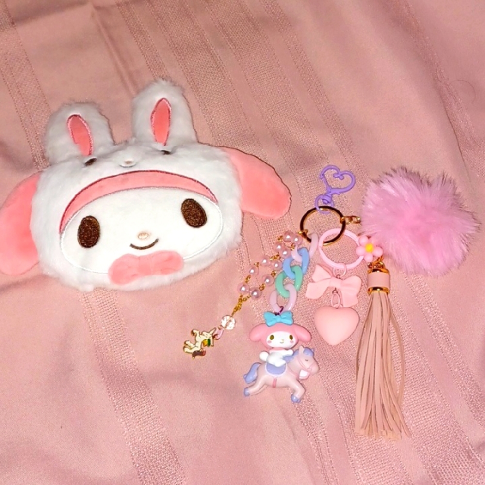 New Plush My Melody keychain with hidden bag and a handcrafted keychain